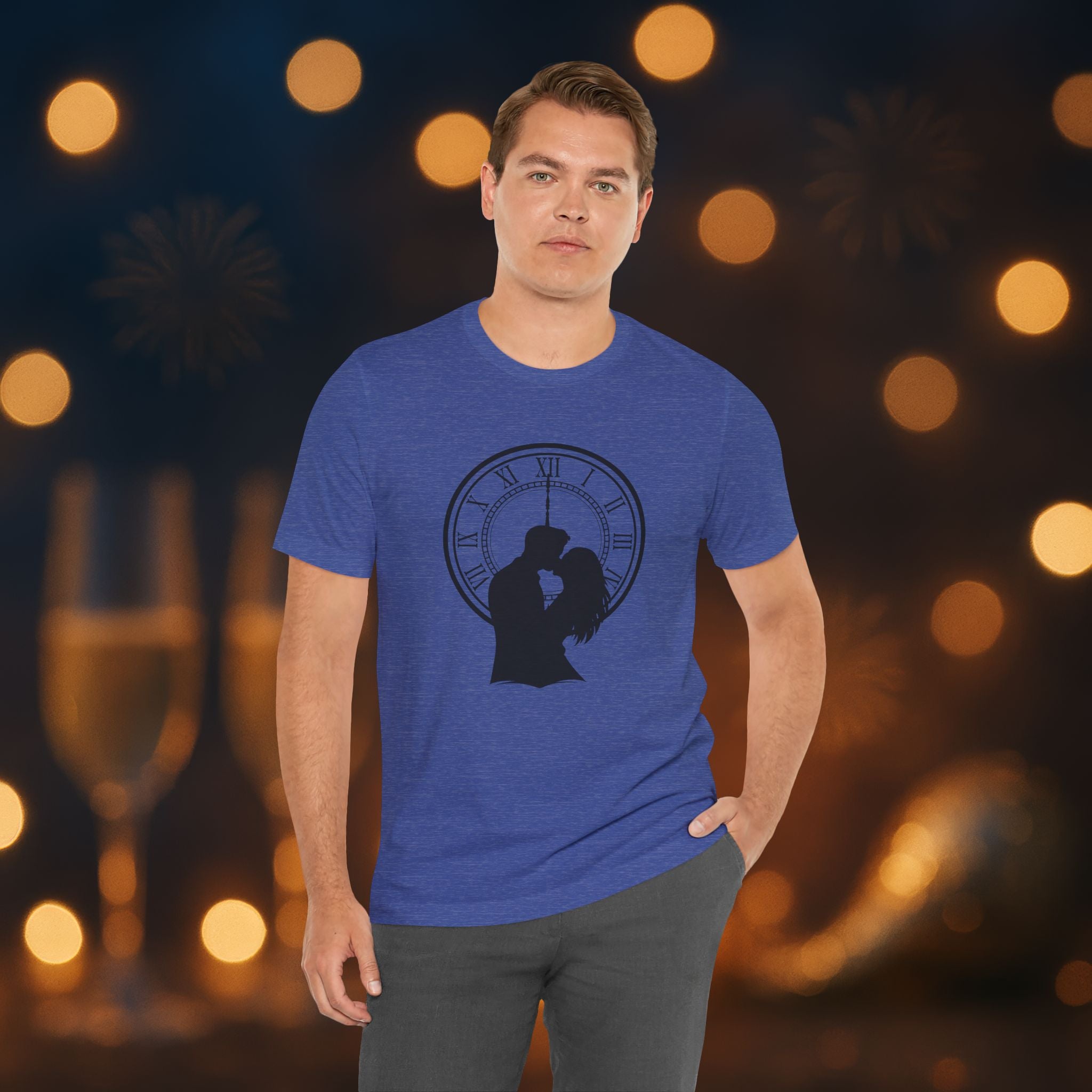 Midnight Kiss New Year’s Eve T-Shirt – Romantic Clock Silhouette Celebration Tee