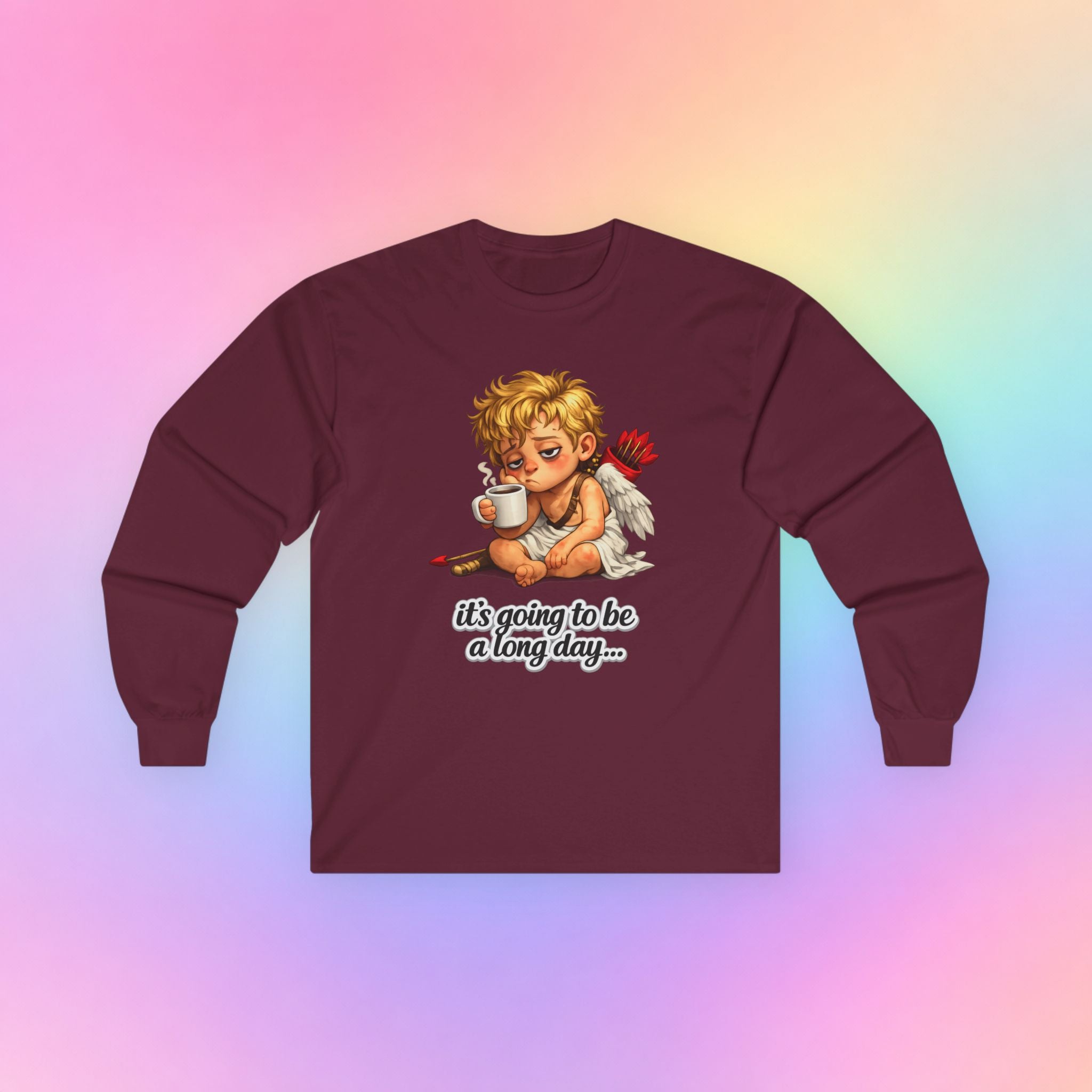 It’s Going to Be a Long Day Cupid Long Sleeve Shirt – Funny Valentine’s Day Coffee Angel Tee