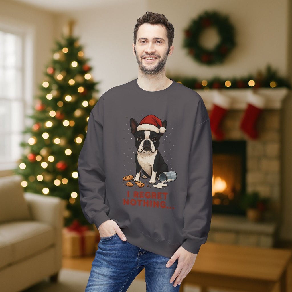 Boston Terrier “I Regret Nothing” Christmas Sweatshirt – Funny Holiday Dog Cookie Shirt