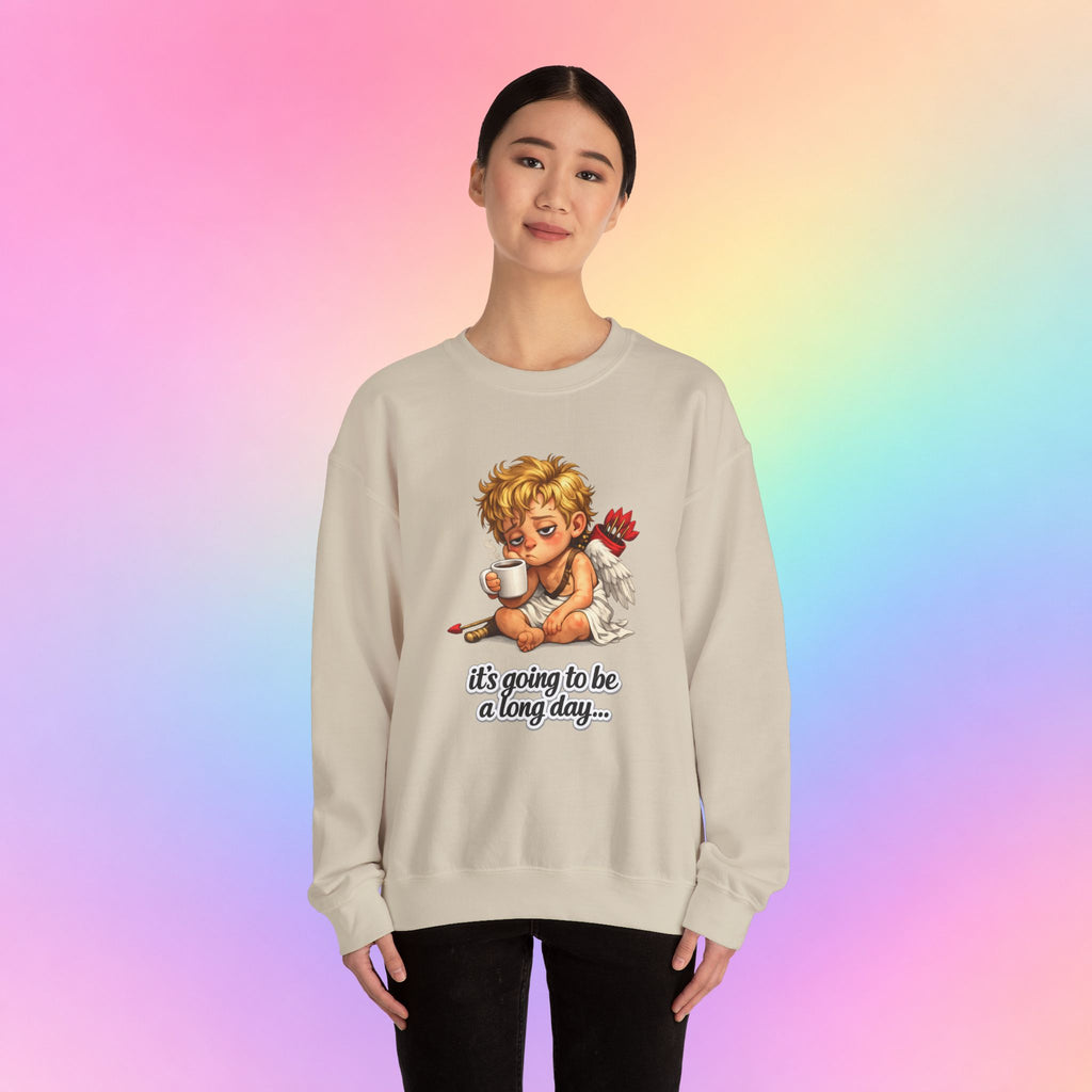 It’s Going to Be a Long Day Cupid Valentine’s Day Sweatshirt – Funny Coffee Angel Pullover