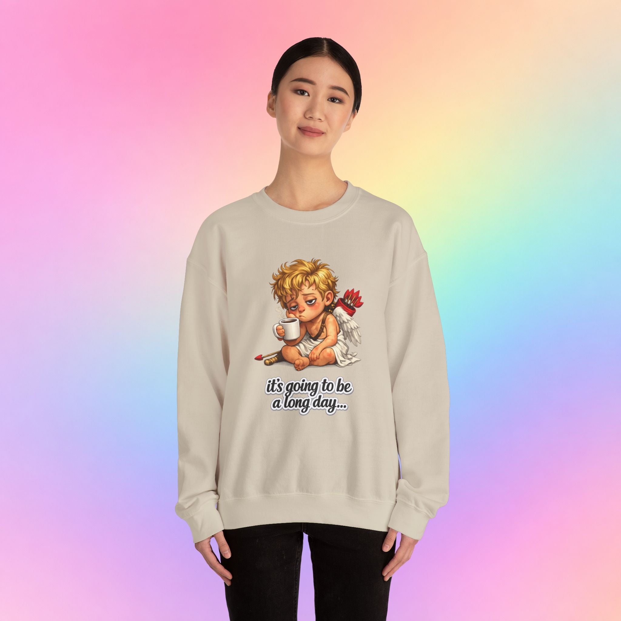 It’s Going to Be a Long Day Cupid Valentine’s Day Sweatshirt – Funny Coffee Angel Pullover