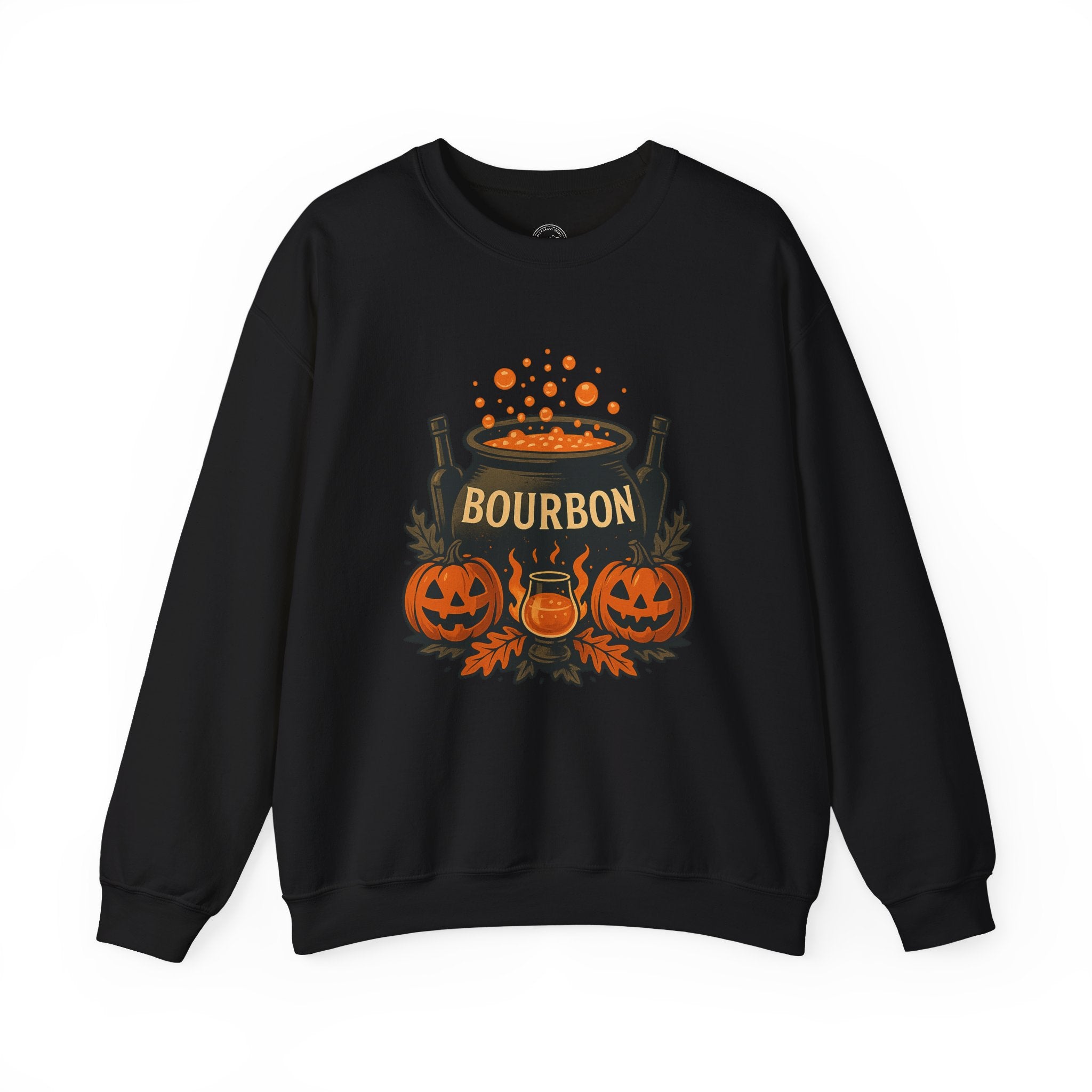 Halloween Bourbon Cauldron Sweatshirt – Spooky Pumpkin & Whiskey Glass Design