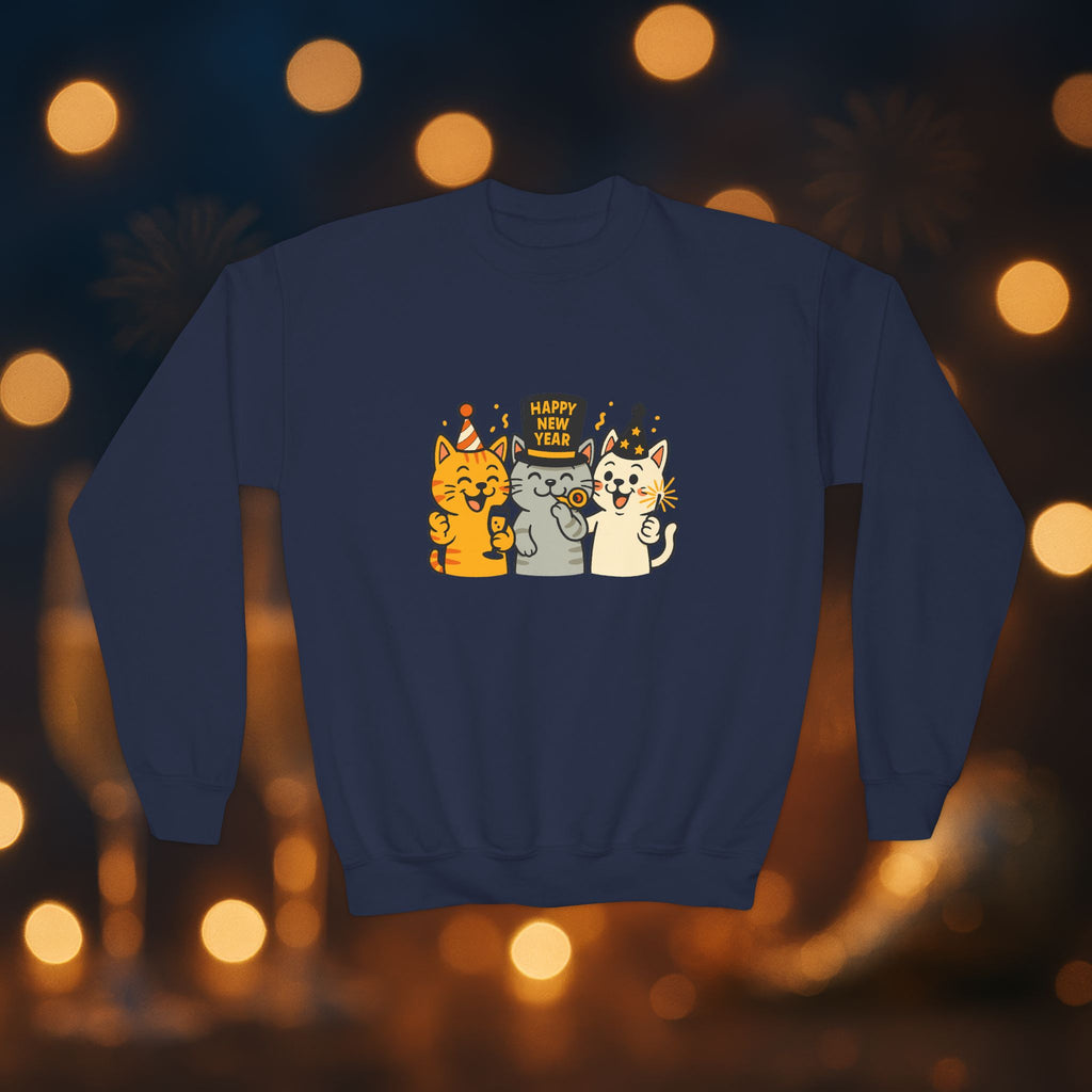 Happy New Year Cats Youth Crewneck Sweatshirt – Cute Party Cats Sweatshirt for Kids