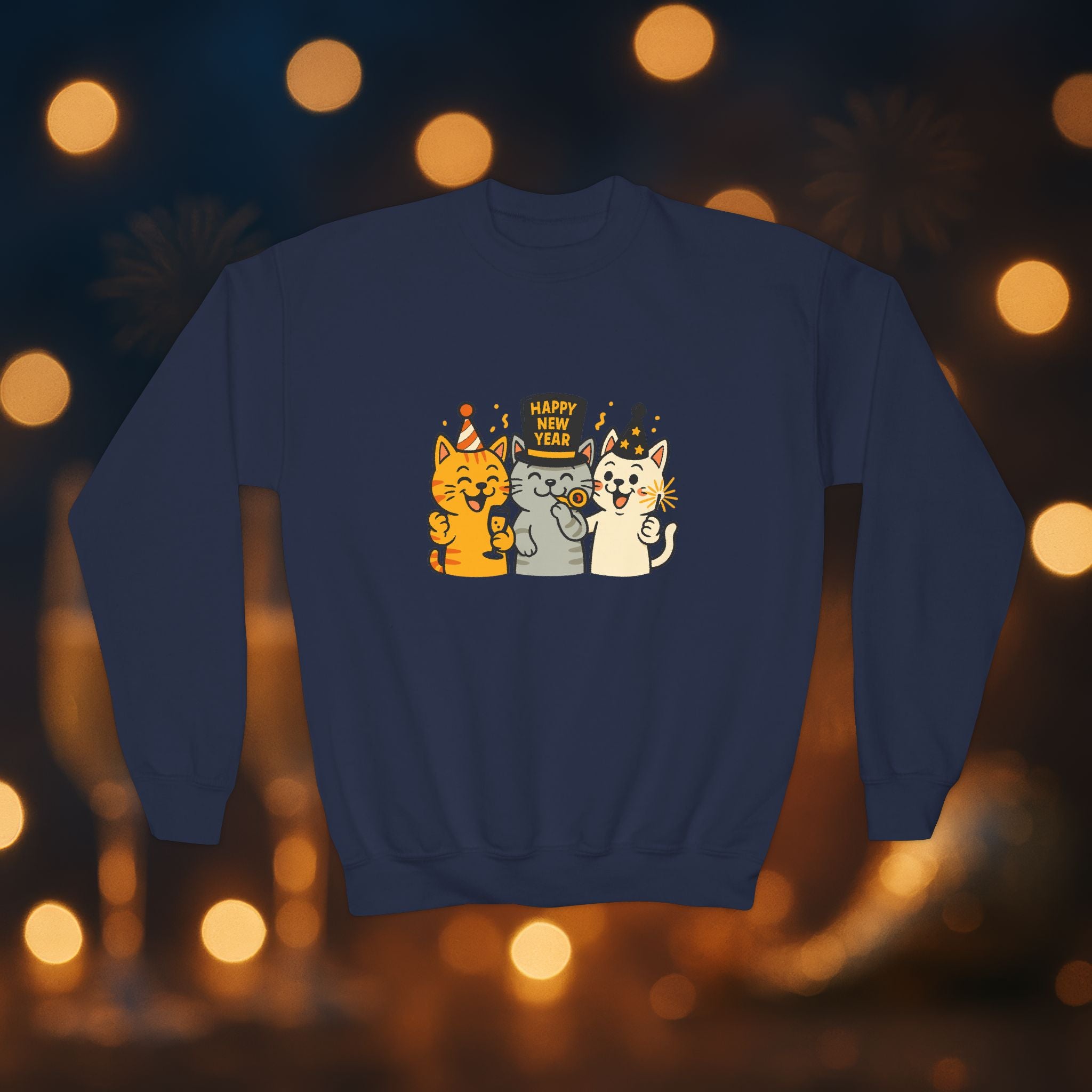 Happy New Year Cats Youth Crewneck Sweatshirt – Cute Party Cats Sweatshirt for Kids
