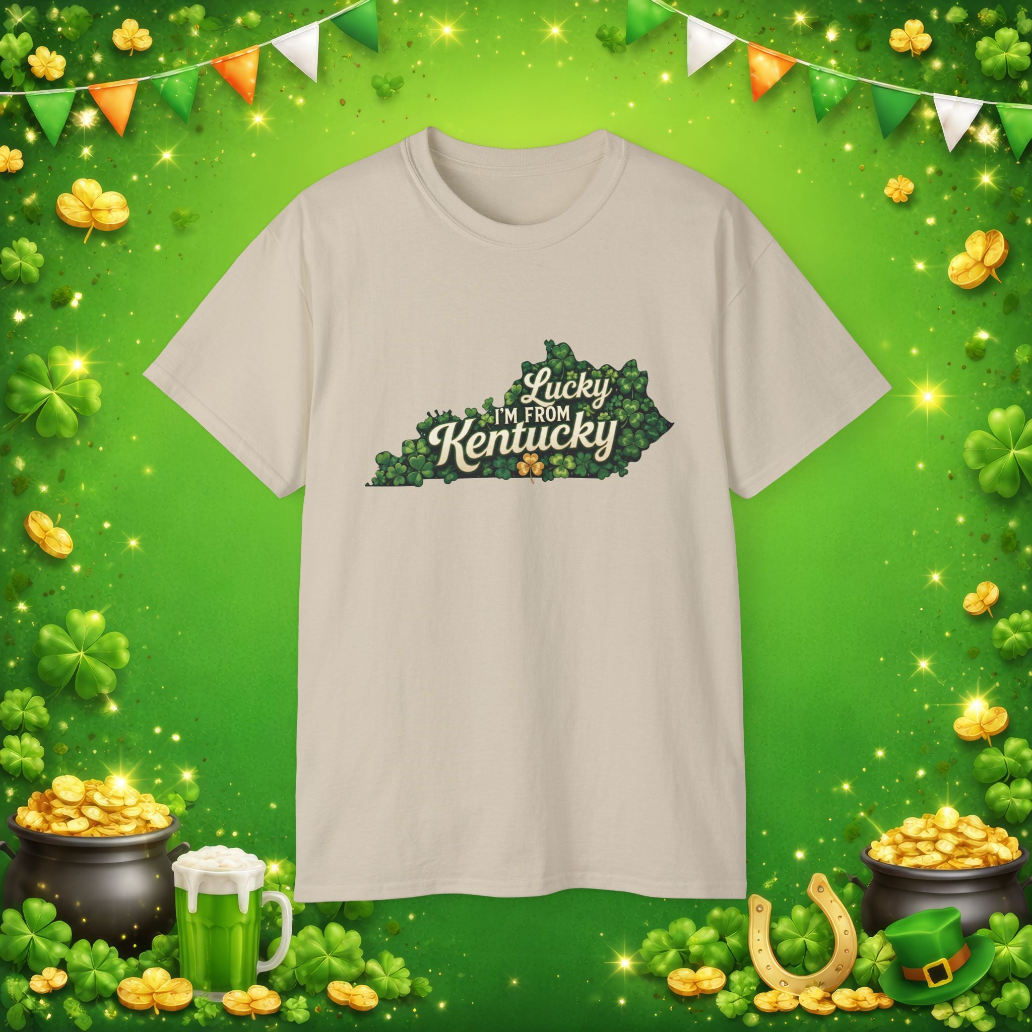 Lucky I’m From Kentucky T-Shirt – St. Patrick’s Day Shamrock Kentucky Shirt – Irish Bluegrass Pride Graphic Tee