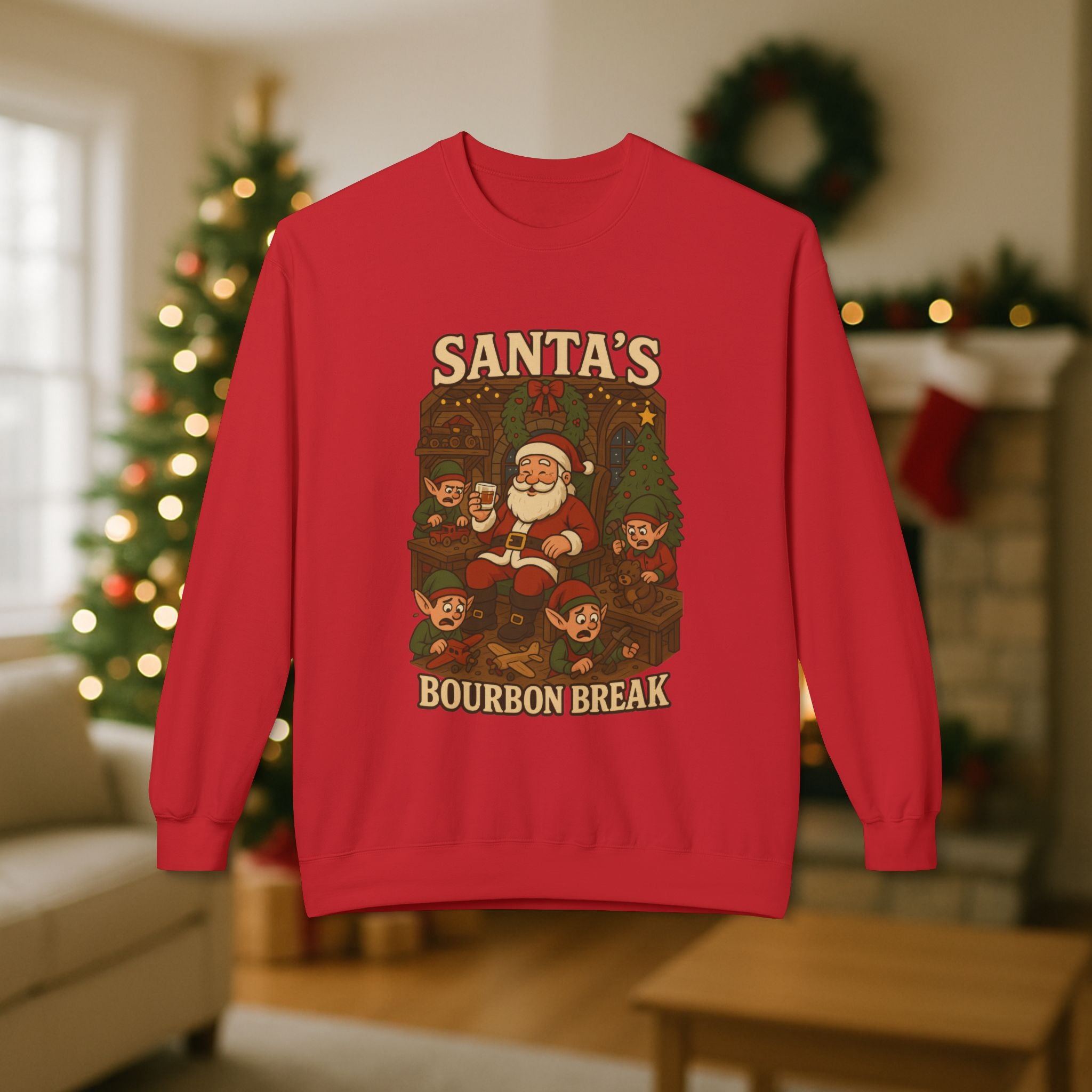 Santa’s Bourbon Break Christmas Sweatshirt – Funny Bourbon Lover Holiday Crewneck for Kentucky Bourbon Fans & Festive Christmas Gift