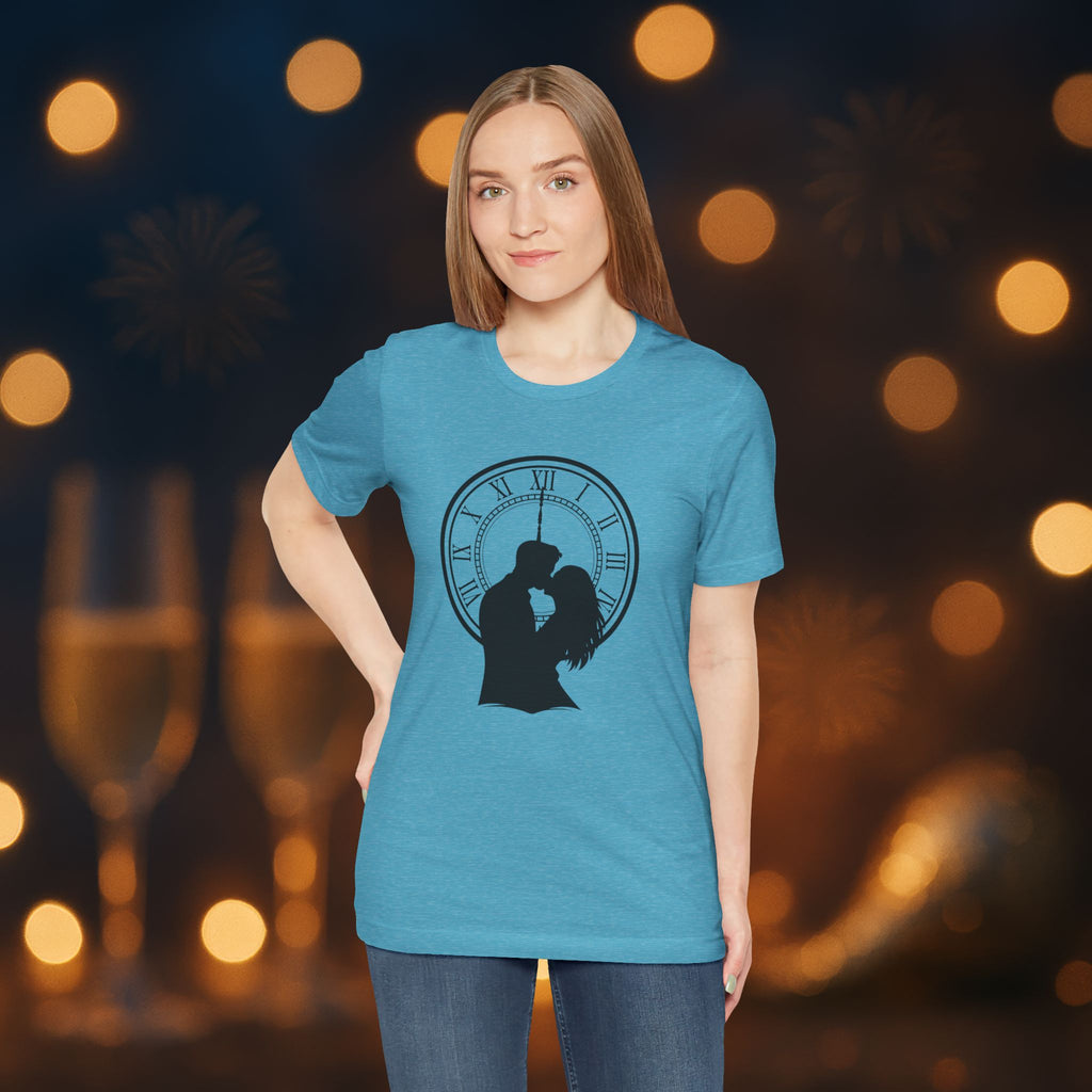 Midnight Kiss New Year’s Eve T-Shirt – Romantic Clock Silhouette Celebration Tee