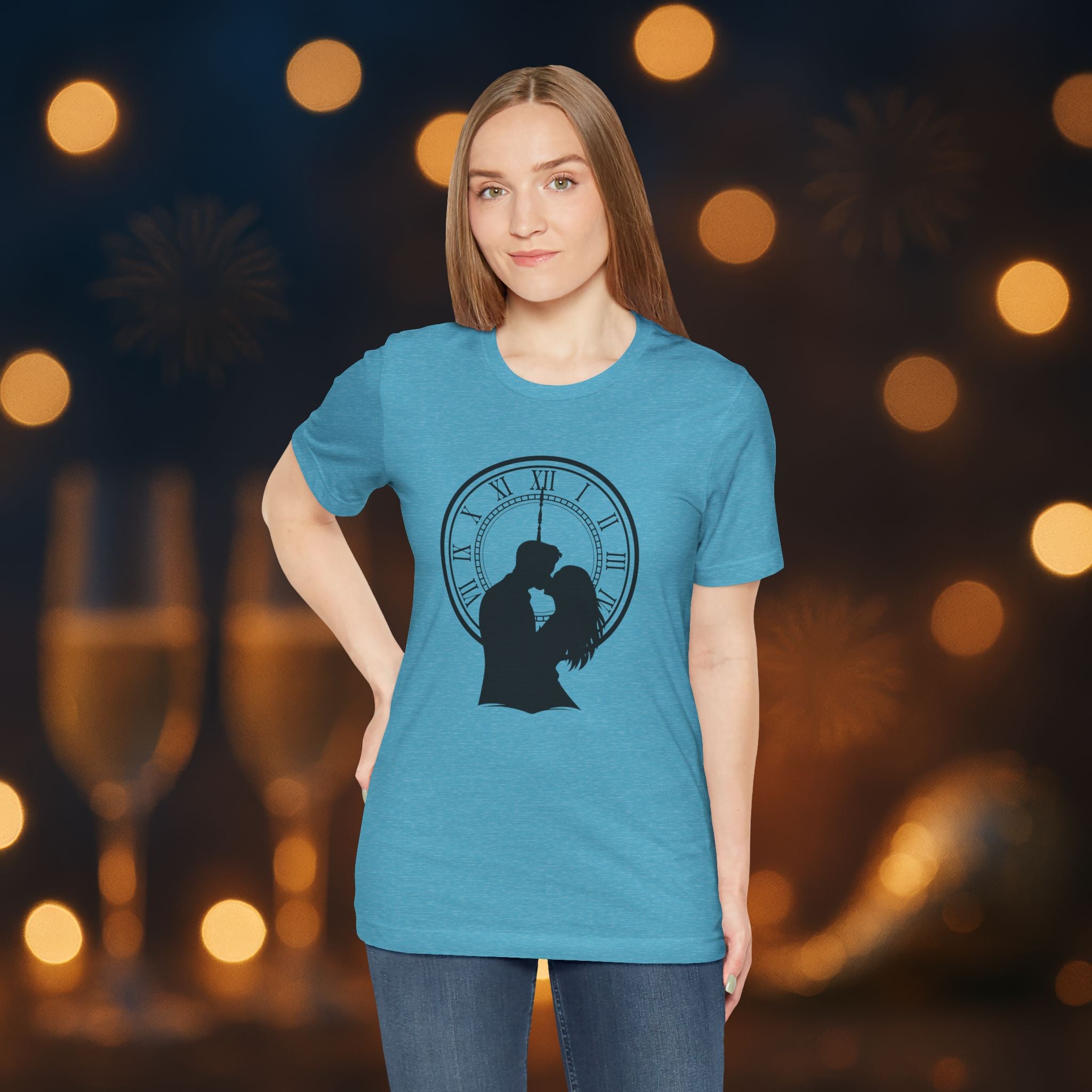 Midnight Kiss New Year’s Eve T-Shirt – Romantic Clock Silhouette Celebration Tee