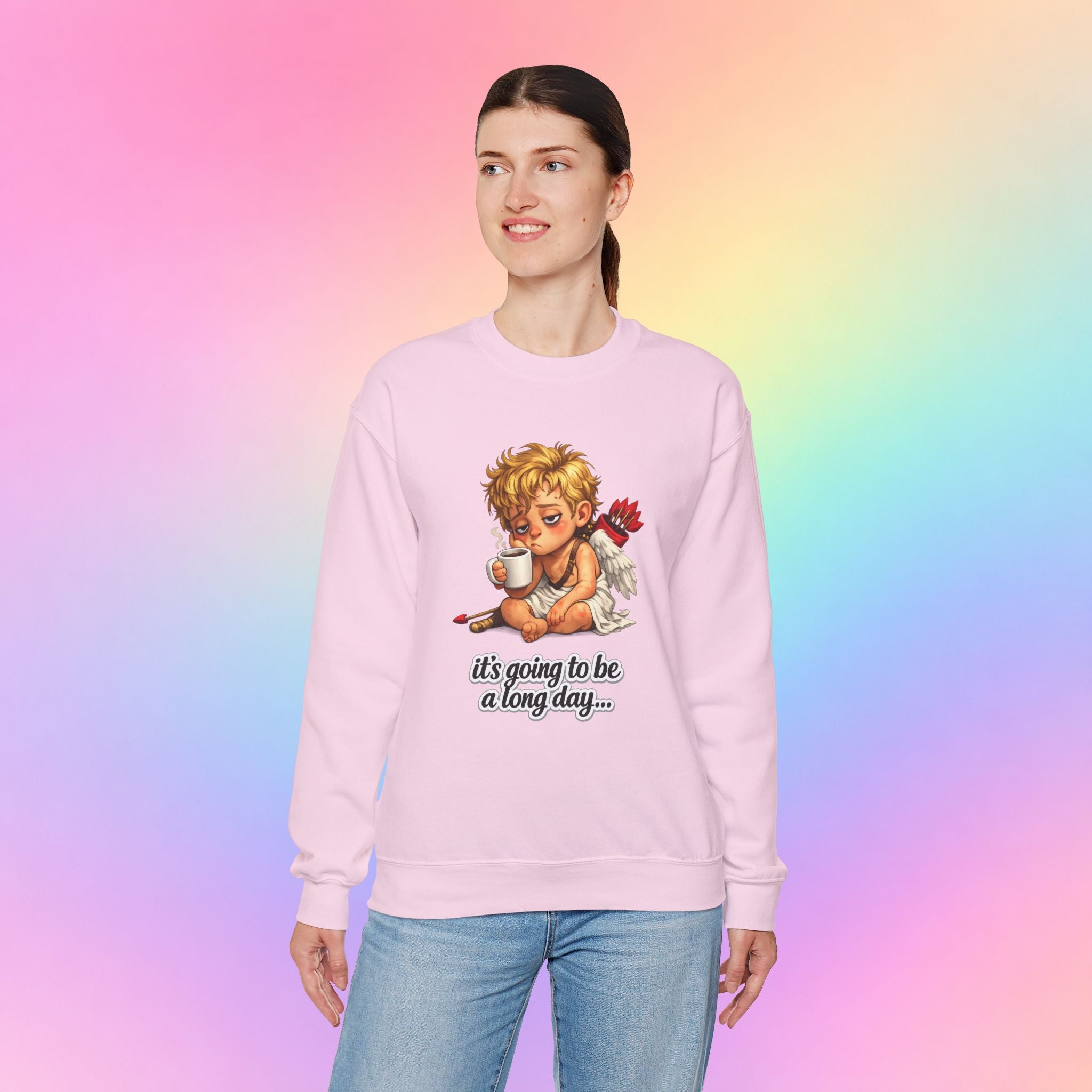 It’s Going to Be a Long Day Cupid Valentine’s Day Sweatshirt – Funny Coffee Angel Pullover