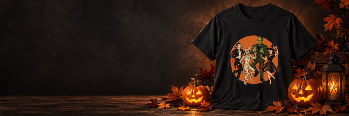 Vintage Halloween Party black T-shirt displayed with glowing jack-o-lanterns and autumn leaves